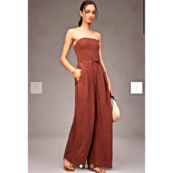 By Anthropologie Linen Strapless Wide-Leg JUMPSUIT COCOA SZ 18 W PLUS $198.00